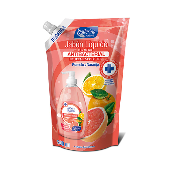 jab&oacute;n liquido antibacterial pomelo naranja doy pack 900 ml